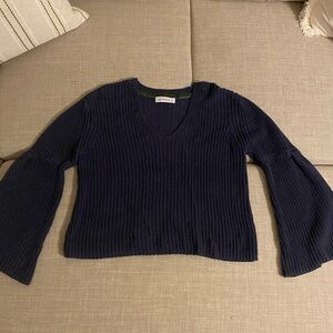 Deep Navy V-Neck Knit Cropped Sweater With Flare Sleeves